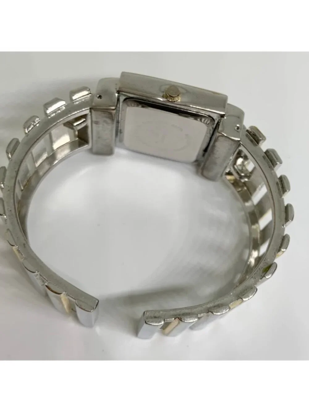 Women’s gold silver tone cuff bracelet watch 30mm rhinestones quartz 7” running